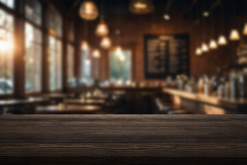 Wooden countertop in a cozy cafe interior with soft lighting and a relaxed atmosphere during the...