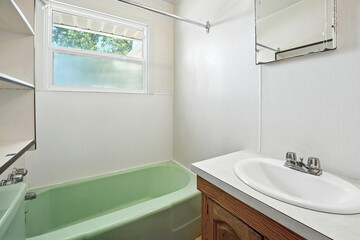 Bathroom with a green bathtub and a white sink