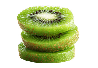 Stack of fresh green kiwi slices with visible seeds and texture, isolated on transparent background