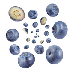 Fresh blueberries swirling in air against white background