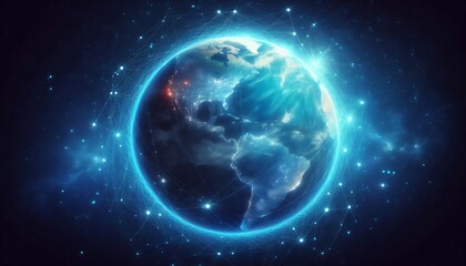 Fototapeta premium Global network connectivity showing Earth illuminated with connections between continents depicting data transfer and digital communication across the world in a vibrant blue hue
