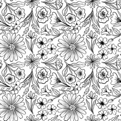 seamless floral pattern black doodle line