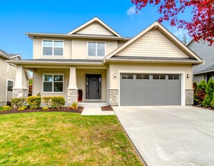 A classic two-story suburban home with tan siding and a grey roof, featuring a two-car garage and a walkway leading to the front door.