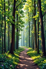 Serene Pathway Through Lush Green Forest with Sunlight Filtering In