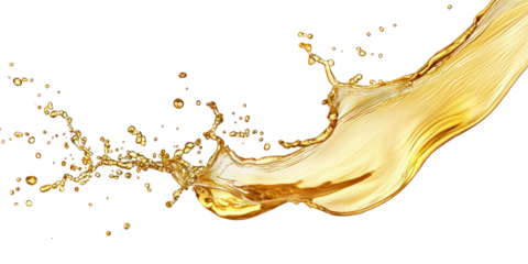 A golden liquid stream with splashes against a transparent background