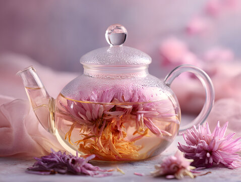 Glass teapot blooming flower tea with teacup bed ffd ce c fbeca pink flowers transparent delicate cozy warm floral aromatic beverage hot drink