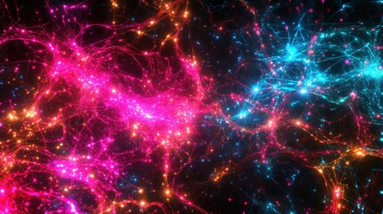 Glowing network of neon lights in pink, blue. Futuristic 80s cyberpunk style, iridescent shimmer, dynamic energy. Digital art, wallpaper, tech visuals, abstract backgrounds.