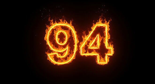 Number Ninety Four Burning Fire Effect on Black Background