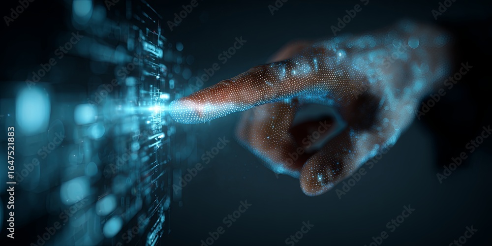 Poster user interacting with digital data display on futuristic interface for innovative technology concept