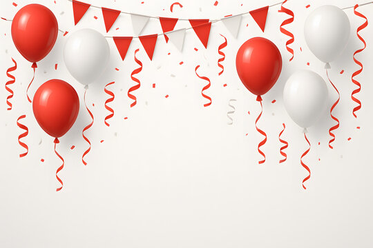 Red and White Party Background with Balloons, Confetti, and Bunting - Powered by Adobe