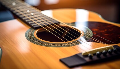 Fototapeta premium Acoustic guitar close up showcasing craftsmanship and musical instrument detail