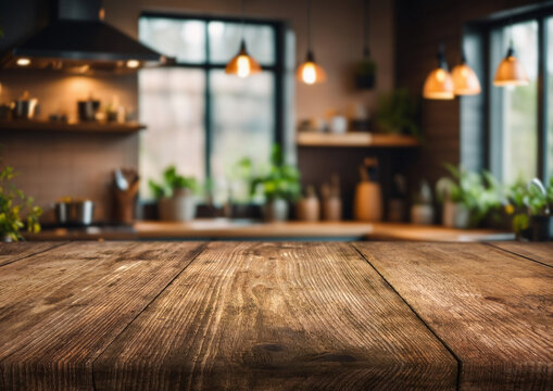 Rustic wooden table in a cozy kitchen filled with plants and warm lighting at evening time