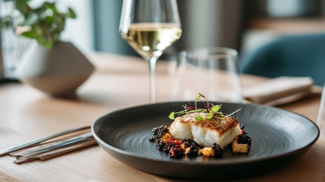 Seared cod fillet is served on a black plate with garnish, accompanied by a glass of white wine in a modern restaurant setting, creating an elegant dining experience