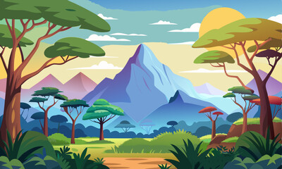 Download African Beautiful Forest With Mountains  Vector  Illustration . This Icon Concept Isolated Premium Vector. Flat Cartoon Style Svg File For Design.