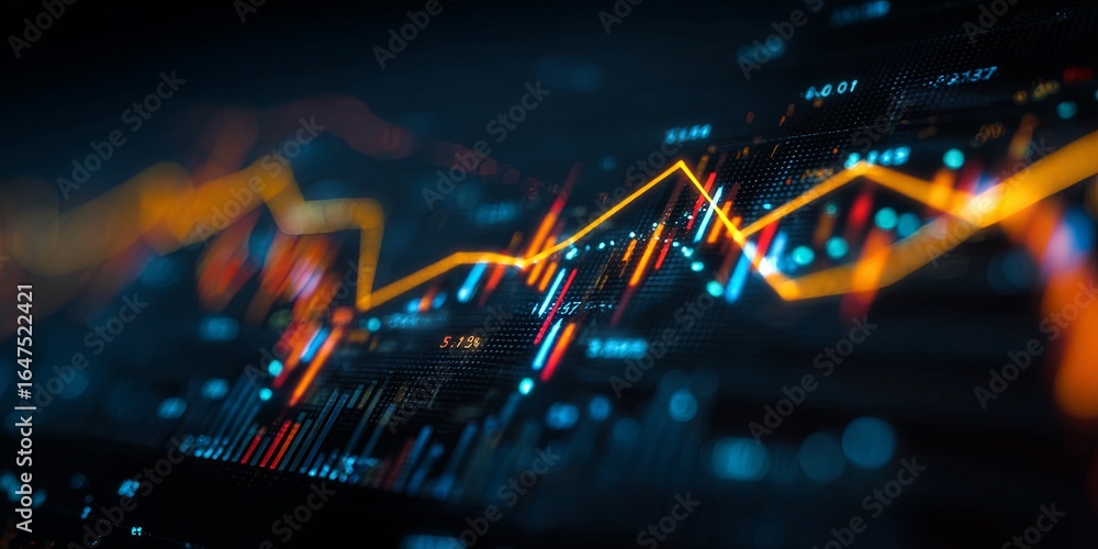 Poster abstract stock market graphic with colorful data trend lines and financial data visualization elemen