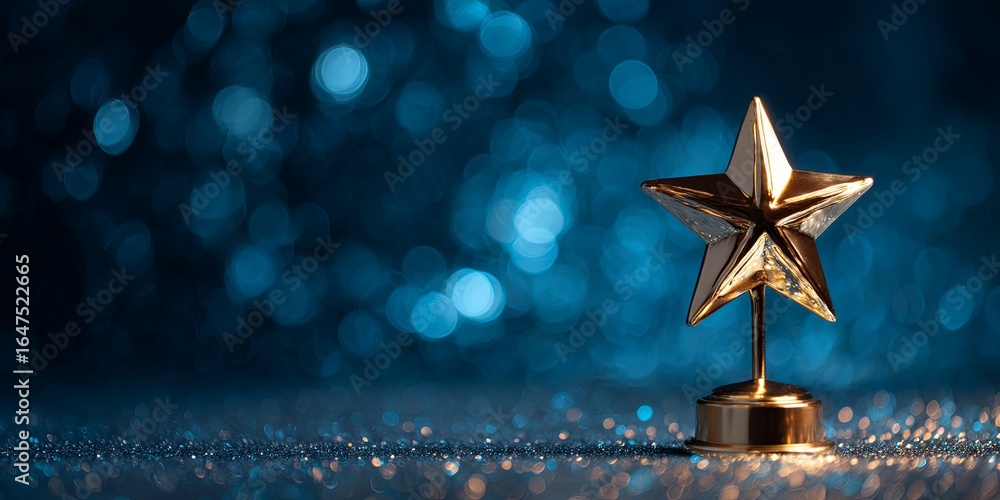 Aufkleber golden star trophy on a blurred blue background with sparkling bokeh lights creating a festive and c