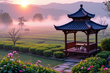 Tranquil Sunrise Over Japanese Garden with Pavilion and Misty Landscape