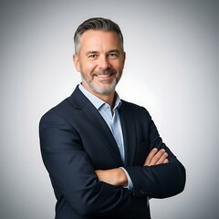 Confident, smiling middle-aged businessman with arms crossed projects professionalism and success, perfect for corporate branding and executive profiles