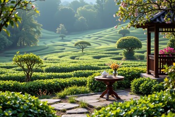 Serene Garden Retreat with Tea Set and Blooming Flowers in Morning Light