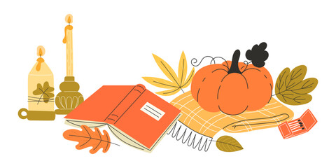 Cozy Autumn Fall Illustration with Pumpkins Candles Book and Autumn Leaves in Flat Style for Seasonal Banners Greeting Cards and Thanksgiving Holiday Home Decor