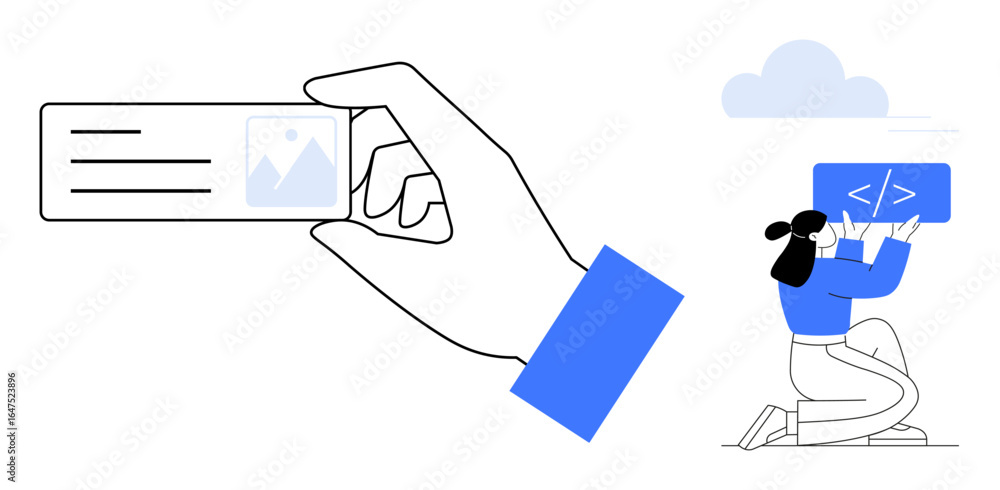 Poster hand presenting an id card with photo and text, woman kneeling while programming, clear sky with clo