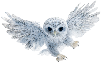 A beautiful white owl with striking blue eyes in mid-flight.