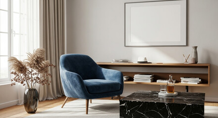 Elegant living room interior with a blank frame, showcasing modern design, comfortable furniture, and a minimalist aesthetic for a stylish home