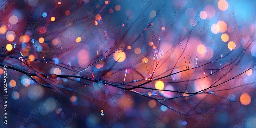 Poster colorful abstract background with glowing lights, dreamy bokeh, and delicate twigs creating a serene