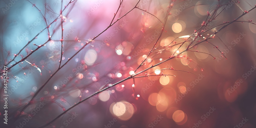 Poster colorful abstract background with glowing lights, dreamy bokeh, and delicate twigs creating a serene
