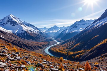 Majestic Mountain Range with River and Autumn Foliage Landscape