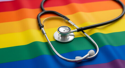 A stethoscope lies on a rainbow pride flag, symbolizing lgbtq healthcare and support for the community and equality for all individuals