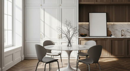 A bright and modern dining room with a round table, chairs, and a blank frame, showcasing elegant home decor and interior design