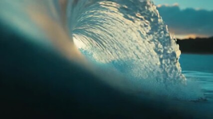 Surfer catching a wave at sunset on a tropical beach.