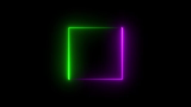 Glowing neon square frame animation. luminous banner animation. green and violet color neon box icon. Neon Figure On Black Background. 4k video...