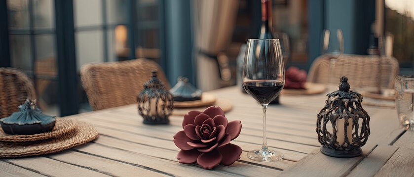 Outdoor dining table setting with wine glass and decorative rose