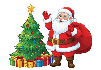 Cheerful Santa Claus with Christmas Tree and Gifts