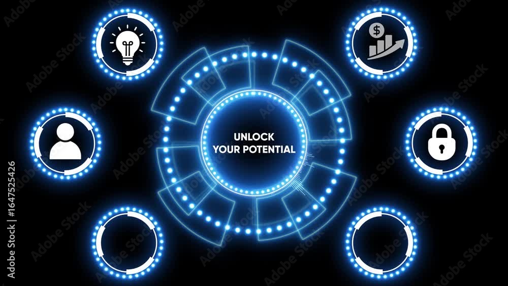Aufkleber futuristic neon blue digital circle interface element on black background displaying animated data