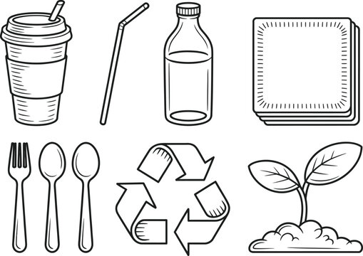 Sustainable Living Elements Coffee Cup, Straw, Bottle, Napkins, Silverware, Recycle, Plant