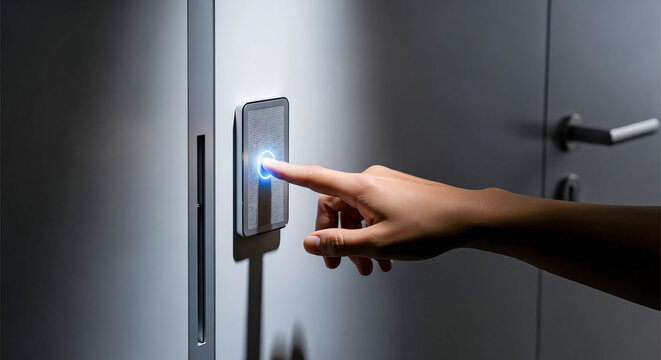 Smart Home Entry: Finger on Illuminated Doorbell Button