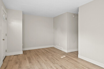 Large, empty room with a white wall and wooden floors