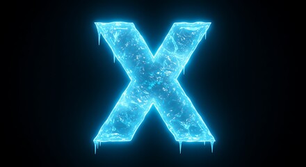 Iceic Cold Ice Letter X Glowing with Frost and Icicles on Dark Background