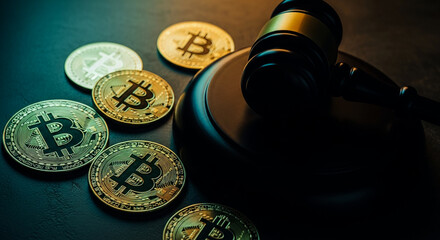 A collection of Bitcoin coins are arranged next to a judge's gavel representing the intersection of cryptocurrency and the legal system emphasizing financial regulation and digital asset justice