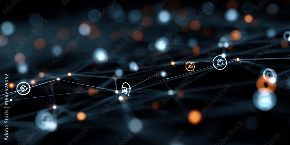 Poster abstract digital network with security icons and connections representing cyber security and data pr