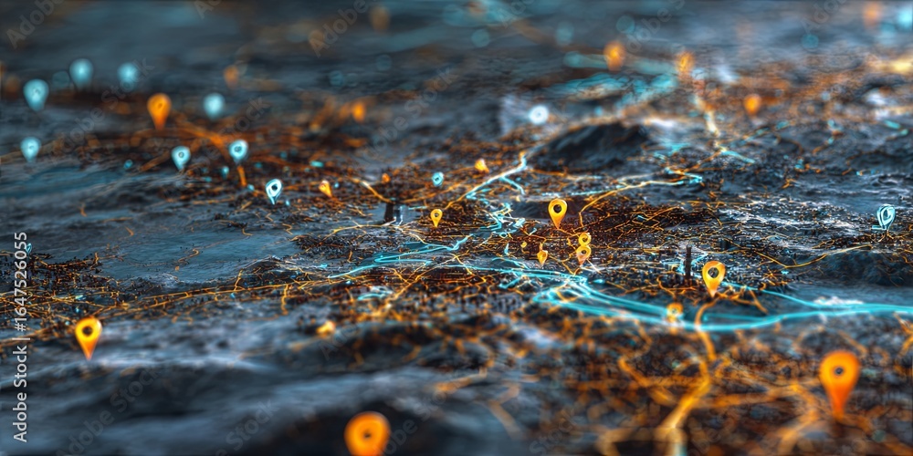 Poster abstract aerial view of futuristic city with glowing network paths and location markers in vibrant c