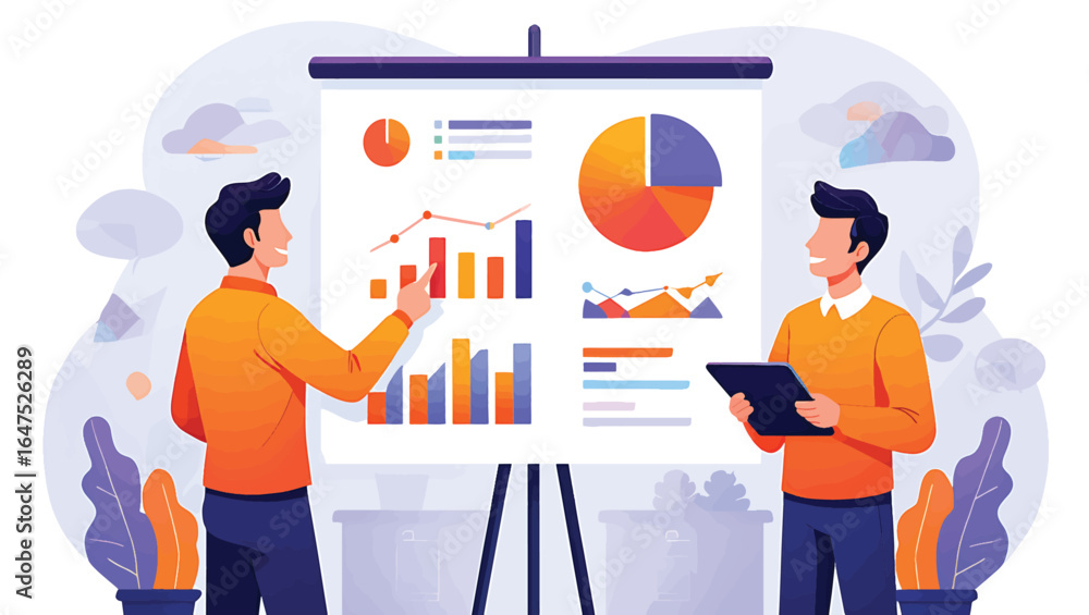 Poster two businessmen analyzing financial statistics on a presentation board with charts and graphs during