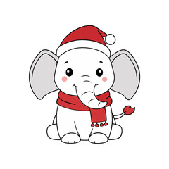 vector outline of a cute elephant wearing a santa