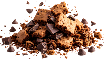 Delicious chocolate chip cookie crumbs and whole cookies floating in mid-air creating a mouthwatering visual delight in a playful arrangement