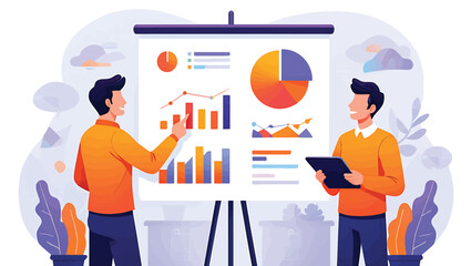 Two businessmen analyzing financial statistics on a presentation board with charts and graphs during a corporate meeting. Vector illustration concept.