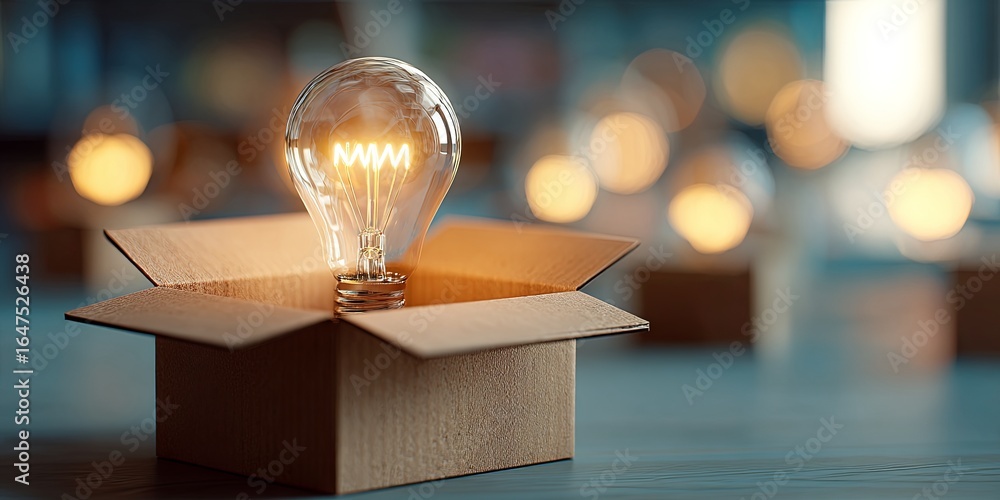 Poster creative concept of innovation and ideas emerging from an open cardboard box in a bright workspace e