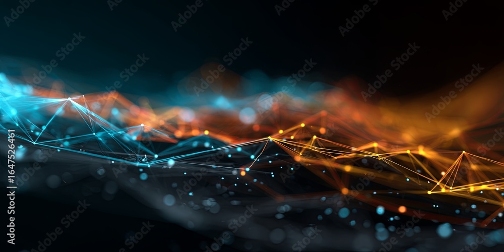 Poster abstract digital network background with colorful lines and geometric shapes on dark surface
